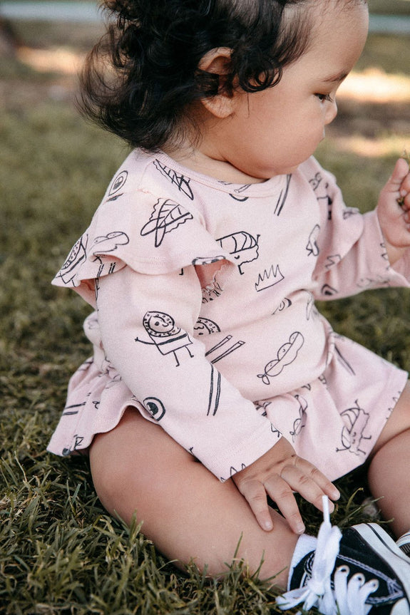 Sushi Print Dress Onesie LS Blush