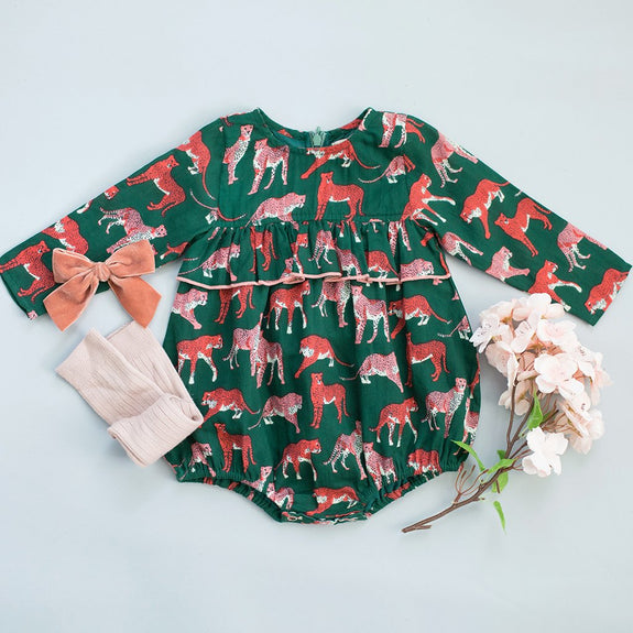 Frances Bubble LS Onesie Green/Cheetah