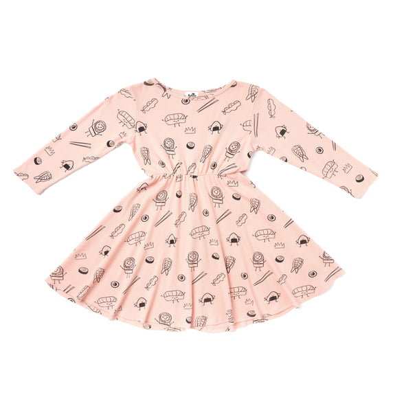 Sushi Print Skater Dress LS Blush