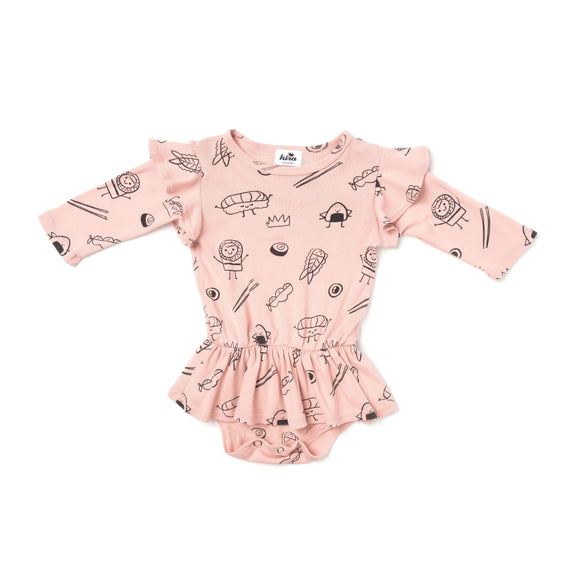 Sushi Print Dress Onesie LS Blush