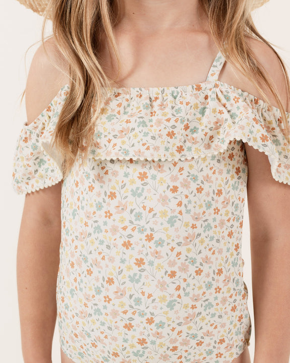 Off-the-Shoulder One Piece Swimsuit - Flower Field