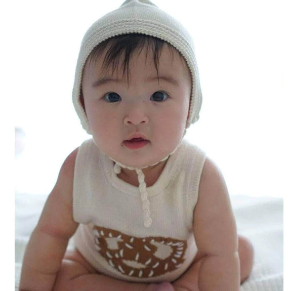 Organic Hand Knit Pretzel Romper, Bonnet, Rattle Set