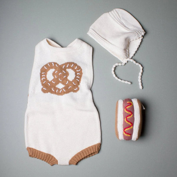 Organic Hand Knit Pretzel Romper, Bonnet, Rattle Set