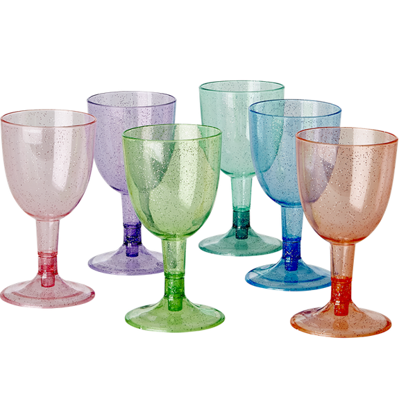 Six Plastic Glitter Wine Glasses