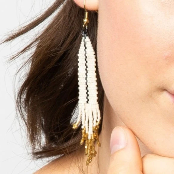 Ivory With Black Luxe Single Stripe With Fringe Earring