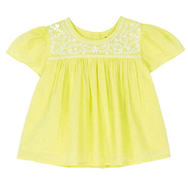 Juniper Embroidered Yoke Top - Neon Yellow Voile