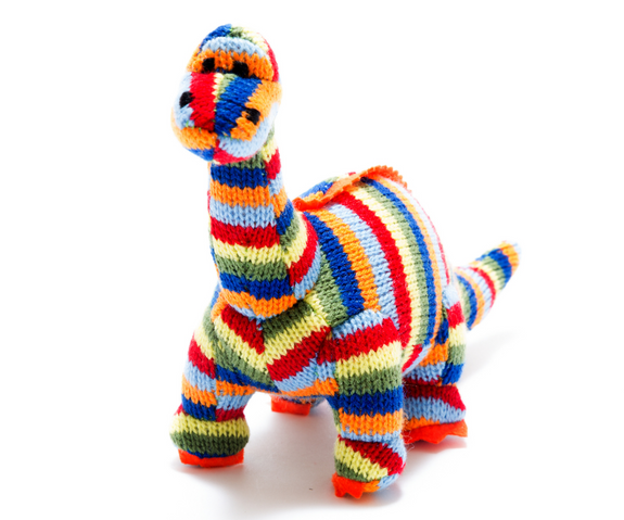 Knitted Dinosaur Rattle - Rainbow Stripe