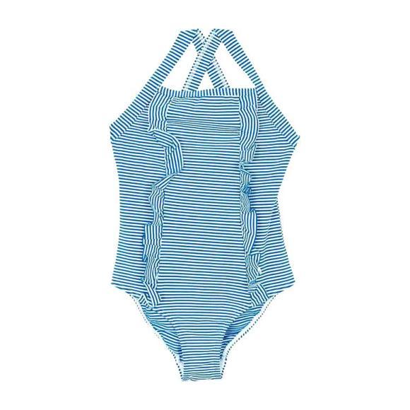Striped Ruffle Swimsuit - Blue/White