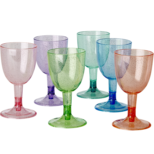 Six Plastic Glitter Wine Glasses